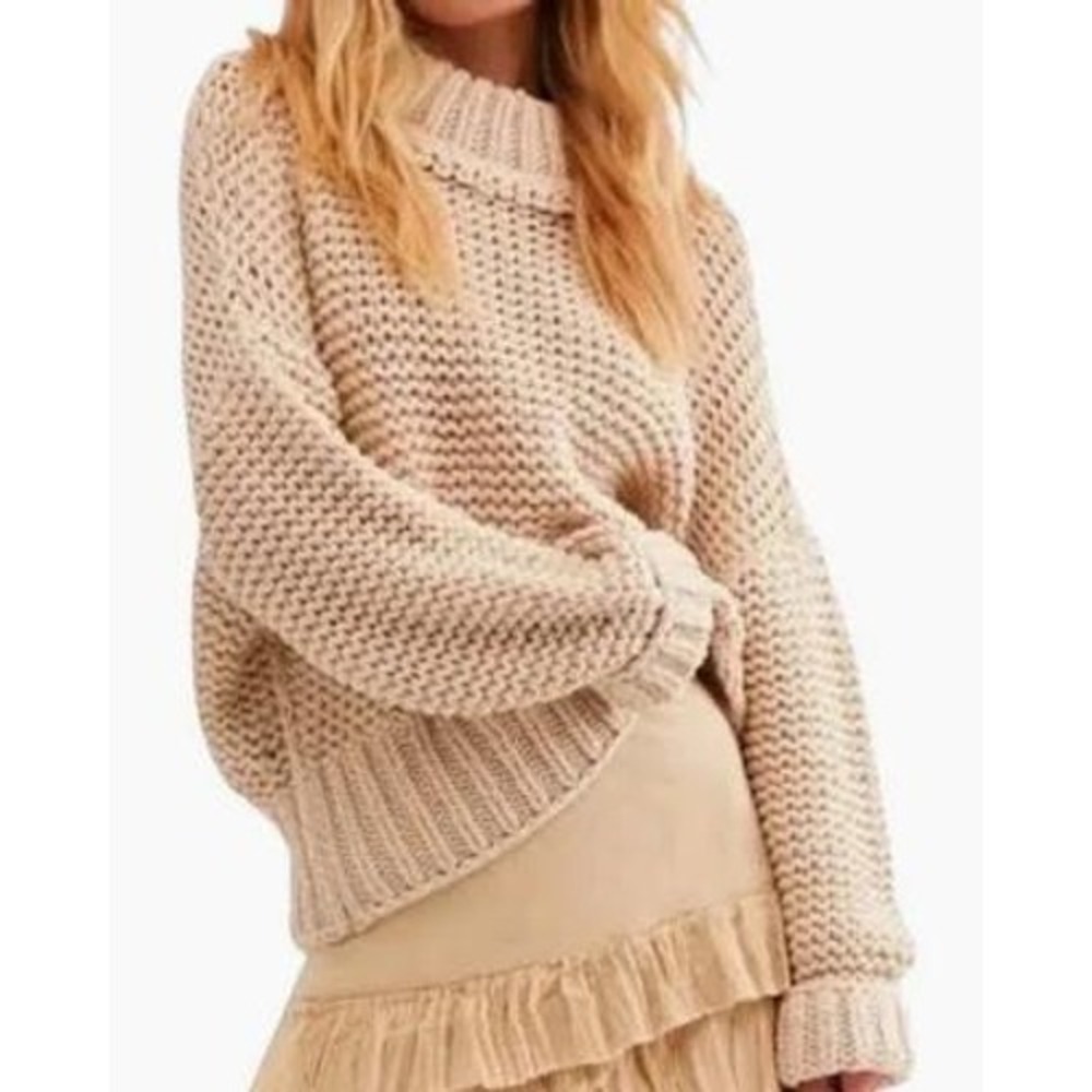 Free People My Only Sunshine Sweater Bleached Pine OB995519 Tan Chunky Knit S